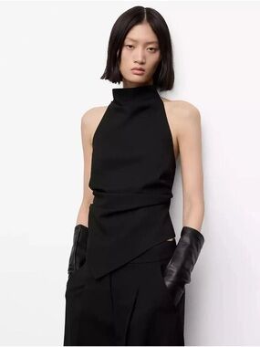 MANGO Halter Top With Open Back Black Draped NWOT M